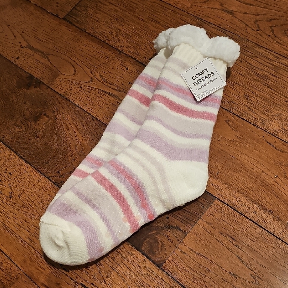 Comfy Threads Cozy Striped Fuzzy Lined Socks - Cream, Pink, Lavender